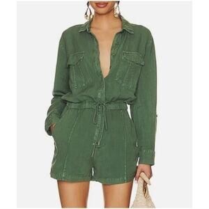 Young Fabulous & Broke Linen Romper Green Button Front Relaxed M